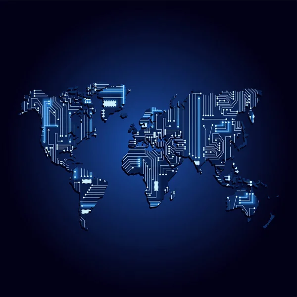 5G世界地图技术 5G世界地图与电子电路 蓝色和梯度背景 — 图库矢量图片