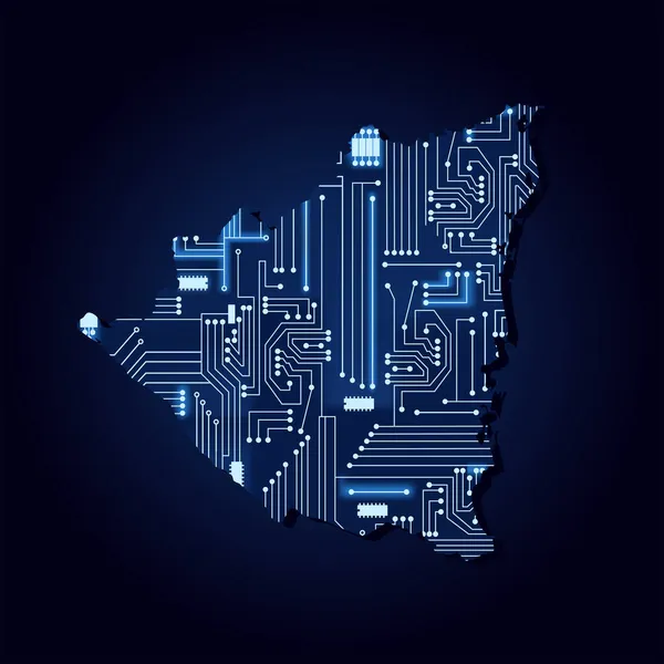 Contourkaart Van Nicaragua Met Een Technologisch Elektronica Circuit — Stockvector