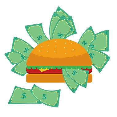 Etli hamburger, marul ve para ile doldurulmuş peynir. Hamburgerin etrafındaki banknot. Kavramsal. İzole edilmiş. Beyaz arkaplan.