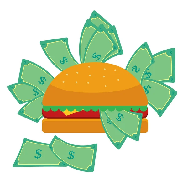 汉堡包里有肉 生菜和奶酪 里面塞满了钞票 汉堡包周围的钞票 概念上的孤立无援白人背景 图库插图
