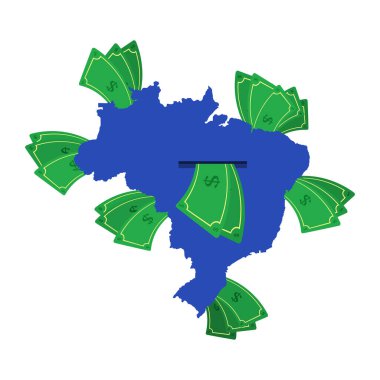 Brezilya haritası mavi ve etrafta para var. Ülkenin merkezinden ayrılan para. Bir ulusun ekonomisi. Beyaz arka plan. İzole edilmiş. 