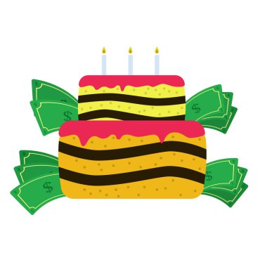 Etrafında para olan bir pasta. Mumları yanan renkli bir pasta. Beyaz arka plan. İzole edilmiş.