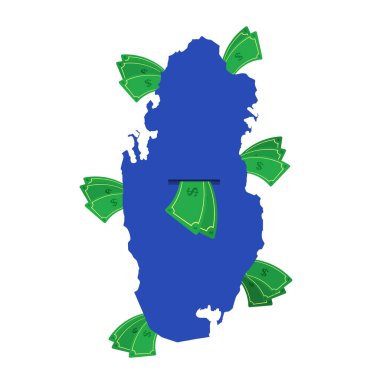 Etrafta para banknotları olan mavi bir Katar haritası. Ülkenin merkezinden ayrılan para. Katar ülkesinin ekonomisi. Beyaz arka plan. İzole edilmiş.