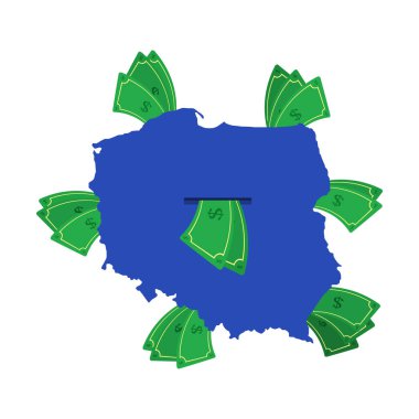Polonya haritası mavi, etrafta para var. Ülkenin merkezinden ayrılan para. Polonya ülkesinin ekonomisi. Beyaz arka plan. İzole edilmiş.