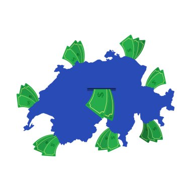 İsviçre haritası mavi ve etrafta para var. Ülkenin merkezinden ayrılan para. İsviçre ülkesinin ekonomisi. Beyaz arka plan. İzole edilmiş. 