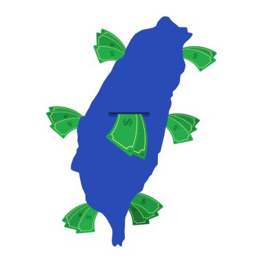 Tayvan haritası mavi ve etrafta banknotlar var. Ülkenin merkezinden ayrılan para. Tayvan ülkesinin ekonomisi. Beyaz arka plan. İzole edilmiş.