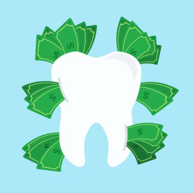Etrafında para faturaları olan diş. Diş tedavisinin bedeli. Mavi arka plan. İzole edilmiş.