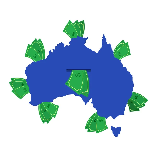 Australia Mapa Azul Con Billetes Dinero Alrededor Dinero Saliendo Del — Archivo Imágenes Vectoriales