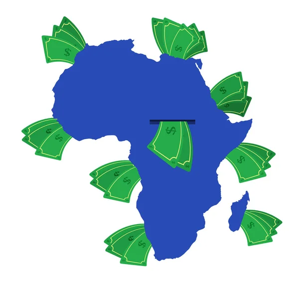 非洲的地图是蓝色的 到处都是钞票 钱离开了大陆的中心非洲的经济 白色背景 被隔离了 — 图库矢量图片