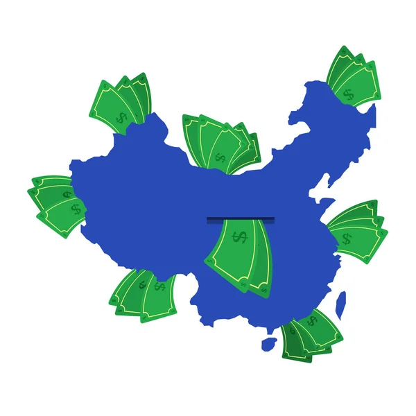 Čínská Mapa Modrém Bankovkami Kolem Peníze Opouštějí Střed Země Ekonomika — Stockový vektor