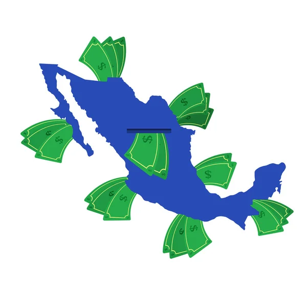 Mapa Mexika Modrém Bankovkami Peníze Opouštějí Střed Země Ekonomika Mexické — Stockový vektor