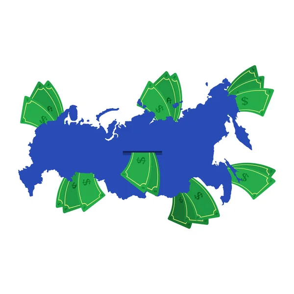 Mapa Rusia Azul Con Billetes Dinero Alrededor Dinero Saliendo Del — Vector de stock
