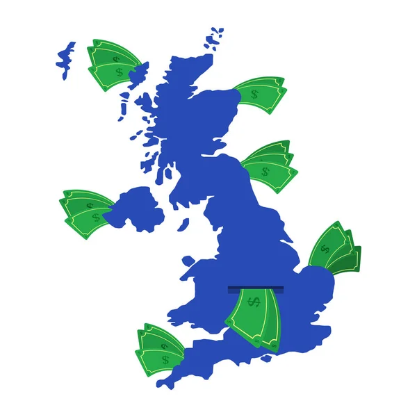 Mapa Del Reino Unido Azul Con Billetes Dinero Alrededor Dinero — Archivo Imágenes Vectoriales