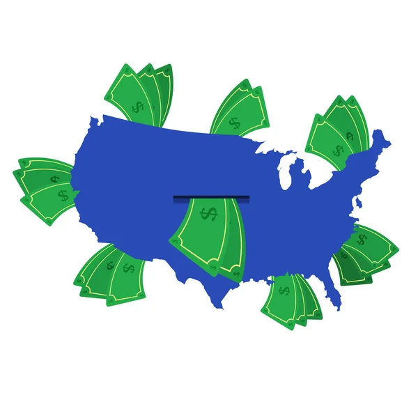 Usa Map Blue Money Bills Money Leaving Center Country Economy — Stock Vector