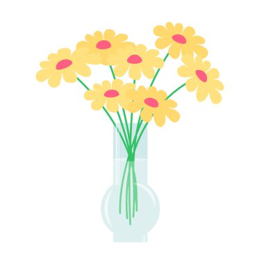 Su dolu cam bir vazoda papatya çiçekleri.