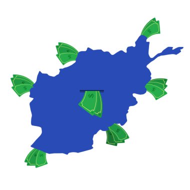 Afganistan haritası mavi ve etrafta para var. Ülkenin merkezinden ayrılan para. Afgan ülkesinin ekonomisi. Beyaz arka plan. İzole edilmiş.
