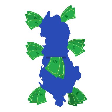 Arnavutluk haritası mavi ve etrafta para var. Ülkenin merkezinden ayrılan para. Arnavut ülkesinin ekonomisi. Beyaz arka plan. İzole edilmiş.