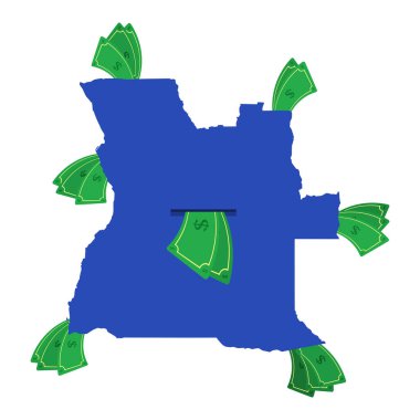 Angola haritası mavi ve etrafta para var. Ülkenin merkezinden ayrılan para. Angolan ülkesinin ekonomisi. Beyaz arka plan. İzole edilmiş.