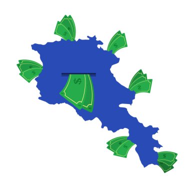 Etrafında para banknotları olan mavi Ermenistan haritası. Ülkenin merkezinden ayrılan para. Ermeni ülkesinin ekonomisi. Beyaz arka plan. İzole edilmiş. 