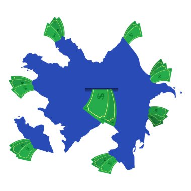 Azerbaycan haritasında mavi banknotlar var. Ülkenin merkezinden ayrılan para. Azerbaycan ülkesinin ekonomisi. Beyaz arka plan. İzole edilmiş. 