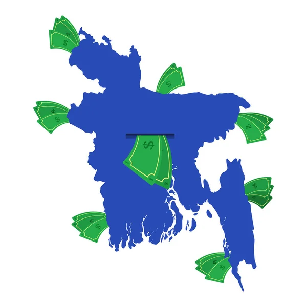 Mapa Bangladéše Modrém Bankovkami Peníze Opouštějí Střed Země Ekonomika Země — Stockový vektor