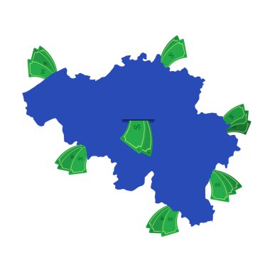 Etrafta para banknotları olan mavi bir Belçika haritası. Ülkenin merkezinden ayrılan para. Belçika ekonomisi. Beyaz arka plan. İzole edilmiş.