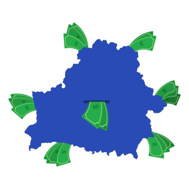 Etrafında para banknotları olan maviler içinde Belarus haritası. Ülkenin merkezinden ayrılan para. Belarus ülkesinin ekonomisi. Beyaz arka plan. İzole edilmiş.