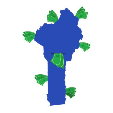 Etrafta banknotlar olan mavi benin haritası. Ülkenin merkezinden ayrılan para. Benin ülkesinin ekonomisi. Beyaz arka plan. İzole edilmiş.