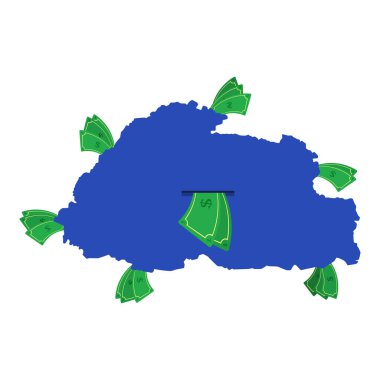 Mavili Butan haritası ve etrafta banknotlar var. Ülkenin merkezinden ayrılan para. Bhutanese ülkesinin ekonomisi. Beyaz arka plan. İzole edilmiş.