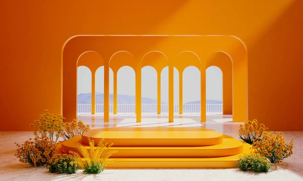 オレンジ色の部屋での表彰台の3Dレンダリング — ストック写真