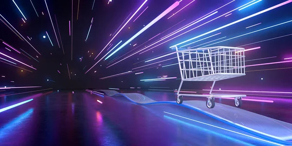ショッピングカートとライトトレイルの3Dレンダリング — ストック写真