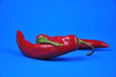 Mavi arka planda taze kırmızı biber..