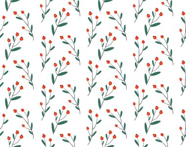 Kış bitkileriyle kusursuz çiçek desenleri. Noel ve Yeni Yıl tebrik kartları, kumaş ve ambalaj kağıtları için el yapımı kış tatili tasarımı. Vektör illüstrasyonu