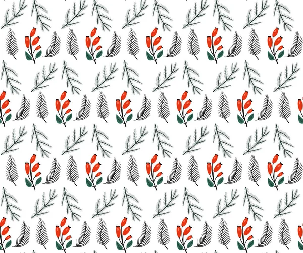 Padrão floral sem costura com plantas de inverno. Design de férias de inverno desenhado à mão para cartões de Natal e Ano Novo, tecido, papel de embrulho. Ilustração vetorial — Vetor de Stock