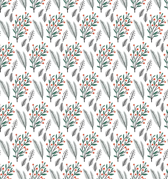 Απρόσκοπτη floral μοτίβο με φυτά χειμώνα. Χειροποίητο σχέδιο χειμερινών διακοπών για ευχετήριες κάρτες Χριστουγέννων και Πρωτοχρονιάς, ύφασμα, χαρτί περιτυλίγματος. Εικονογράφηση διανύσματος — Διανυσματικό Αρχείο