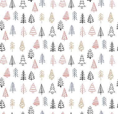 Elle çizilmiş Noel ağaçlarıyla soyut, kusursuz bir Noel deseni. Vektör illüstrasyonu