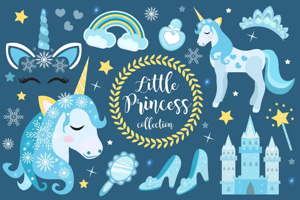 Carino Natale unicorno principessa oggetti set. Collezione invernale elemento di design con fiocchi di neve, castello di ghiaccio, specchio, corona, accessori. Bambini clip art divertente personaggio sorridente. Vettore. — Vettoriale Stock