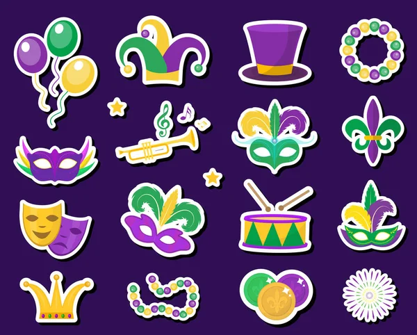 Mardi Gras carnaval pegatinas parches distintivos conjunto de iconos, elemento de diseño, estilo plano. Colección Mardi Gras, máscara con plumas, cuentas, bromista, flor de lis, comedia y tragedia, decoraciones de fiesta. Vector — Archivo Imágenes Vectoriales