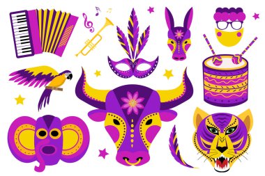Barranquilla Carnival icons set. Colombian carnaval party collection of design elements with masks, button accordion, drum. For posters, flyers your design template. Vector illustration clipart