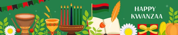 Mutlu Kwanzaa bayrağı. Kinara ile tasarladığınız Afrika-Amerika bayramı şablonu. Vektör illüstrasyonu. — Stok Vektör