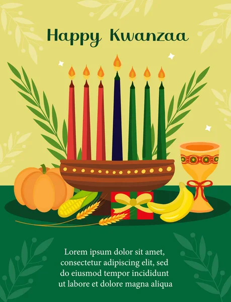Happy Kwanzaa poster greeting card. African American holiday festival template for your design with kinara. Vector illustration — Stock Vector