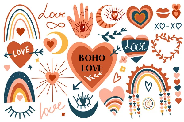 Boho set de dragoste. Happy valentines zi colecție de inimi abstracte, curcubeu, ornament tarot mistic popular. Vector ilustrație clip art — Vector de stoc