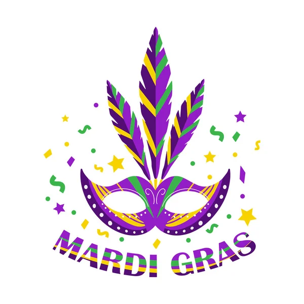 Mardi Gras Party Mask Plakát. Maska s peřím izolovaným na bílém pozadí. Karneval maškarní šablona pro váš design. Vektorová ilustrace — Stockový vektor