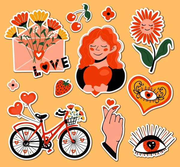 Feliz Dia dos Namorados. Conjunto romântico de ícones adesivos, emblemas patches. Menina bonito com coração, amor, carta com flores, bicicleta com balões, dedos amo gesto. Vetor — Vetor de Stock