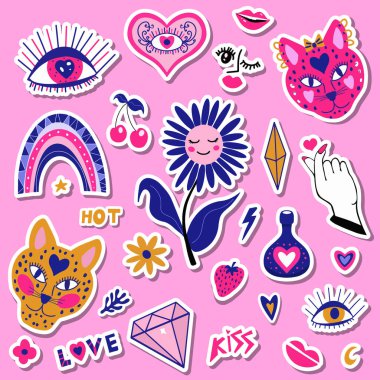 Mistik boho modern trend stili çıkartma simgelerini, kalp ve gözlerle rozetleri sever. Sevgililer günü, kartlar için romantizm konsepti, posterler. Vecto illüstrasyon, klip sanatı