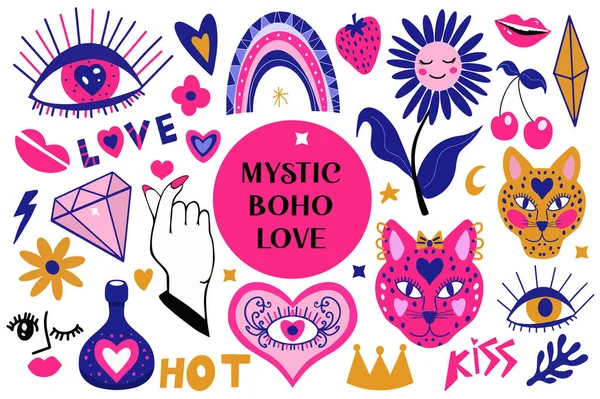 Mystic boho love modern abstract trend style stickers icons, patches badges with hearts and eyes. Valentýn, romantický koncept na pohlednice, plakáty. Vektografická ilustrace, kliparty — Stockový vektor
