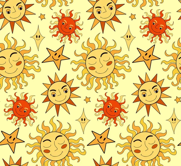 Retro sun smiley face seamless pattern. Hippie groovy repeating texture. Mystical boho sun background. Vector illustration — Vetor de Stock