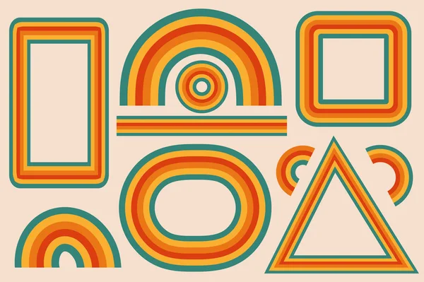 Conjunto de formas y marcos de arco iris retro de los años 70 para su diseño. Elementos de diseño psicodélico hippie. Ilustración vectorial — Vector de stock