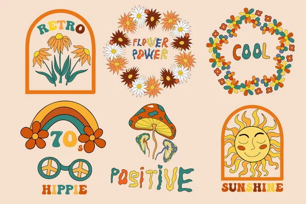 Retro 70s lettering and frames set for your design. Hippie groovy psychedelic design elements. Vector illustration — Wektor stockowy