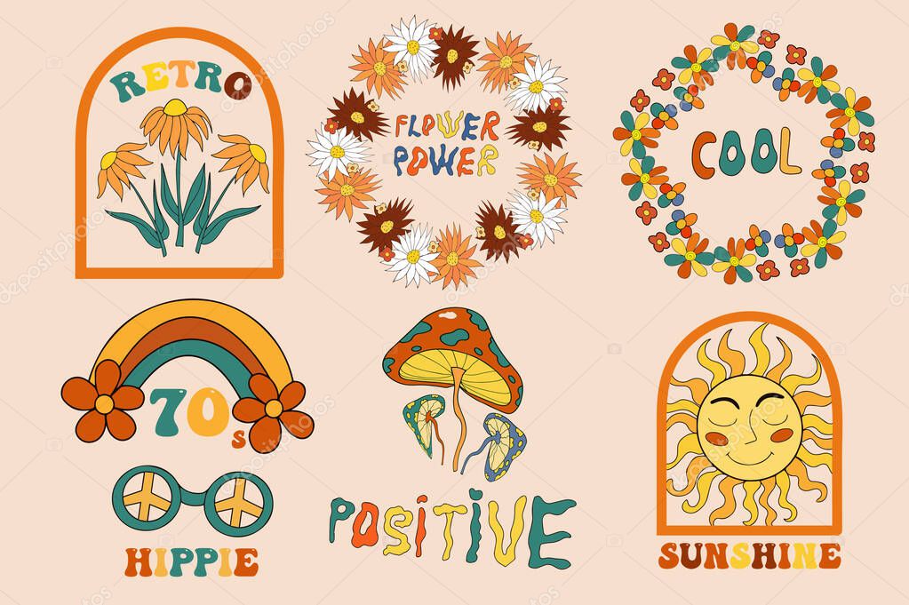 Retro 70s lettering and frames set for your design. Hippie groovy psychedelic design elements. Vector illustration.